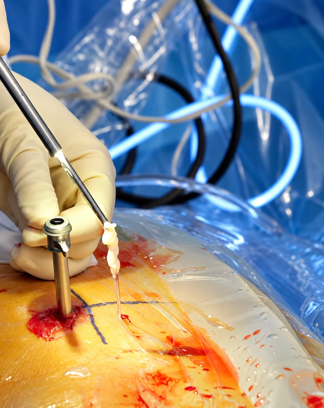 Extraction d’un fragment de hernie discale lombaire à travers la canule endoscopique pendant la Santy Live Surgery.